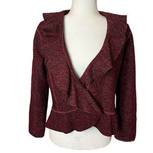 Jones New York Merino Wool Metallic Burgundy Ruffle Collar Jardigan Women’s MP
